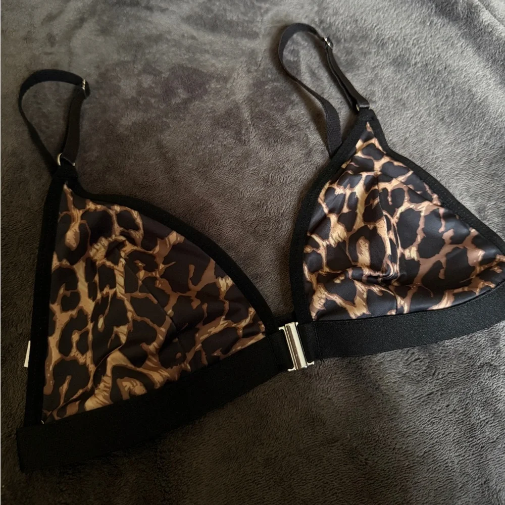 Leopard Print Bralette Triangle Bra Front Closure Sexy Adjustable Straps S - Picture 2 of 6